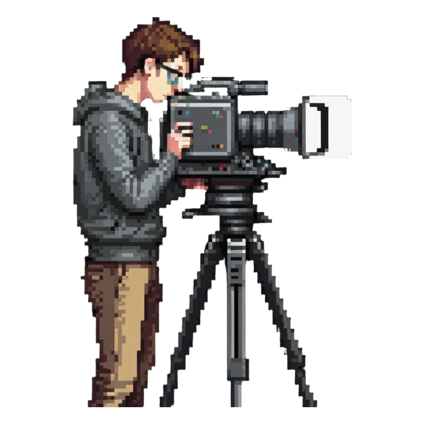 cinéaste de profil ou 3/4 tenant une vraie caméra broadcast professionnelle, œil dans l’œilleton, cadrant devant lui, personnage entier de la tête aux pieds sticker