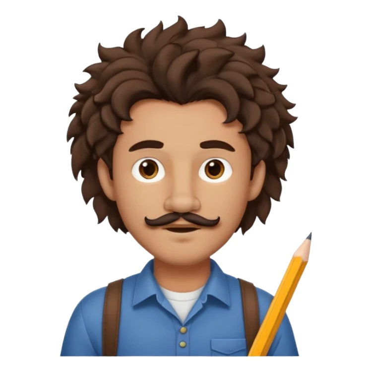 Make a cute guy with bouncy curly dark brown hair with a disconnected goatee and medium skin with a thin parted pencil mustache and lion ears sticker