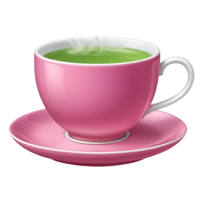 dark pink teacup filled with green tea, placed on a matching pink saucer, with gentle steam rising from the cup.  sticker