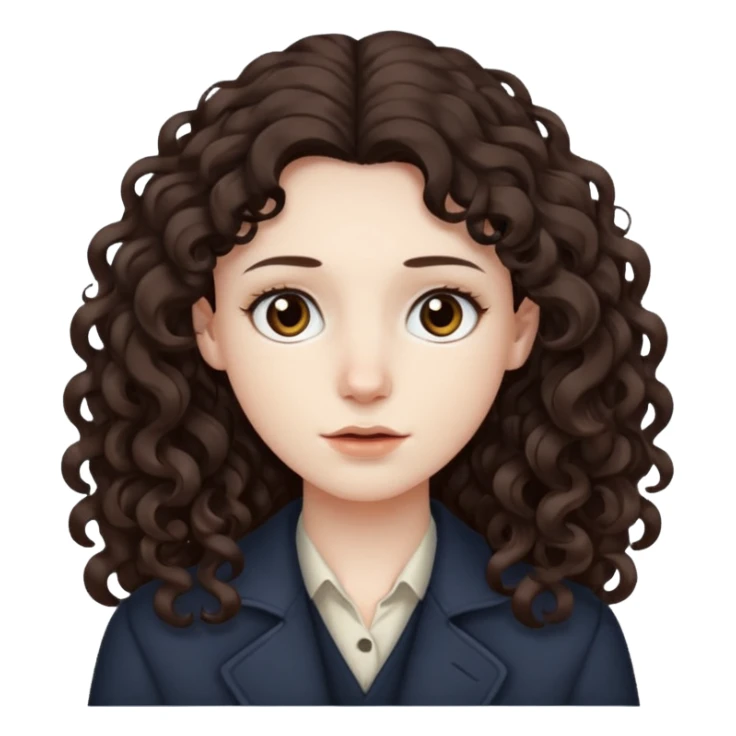 Pale skin, long curly dark brown hair, medium brown eyes. sticker