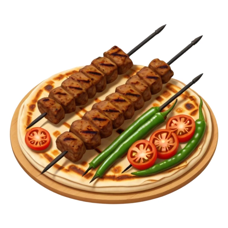 Adana kebab object icon, spicy grilled minced meat skewer, served on flatbread, grilled tomatoes and green peppers on the side, smoky char marks, juicy texture, 3D cartoon, mobile game icon style, centered, clean background, no text, no watermark
 sticker