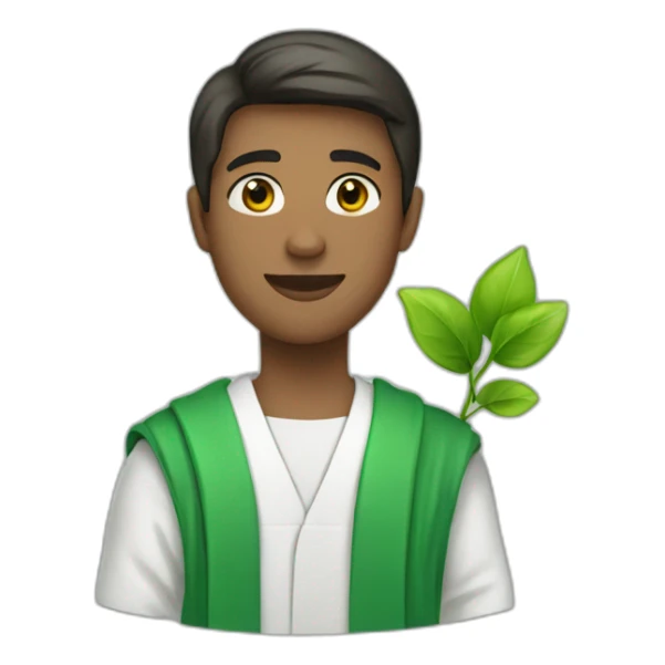 a white student in a green robe with a green sprout in his hands sticker
