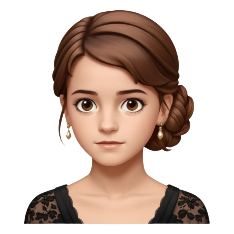 Cinematic Emma Watson Realistic Rococo Portrait, depicted with lifelike skin texture, subtle rosy undertones, and soft natural lighting that enhances the gentle contours of her face. Her intricately detailed brown hair is elegantly styled in an updo, sticker