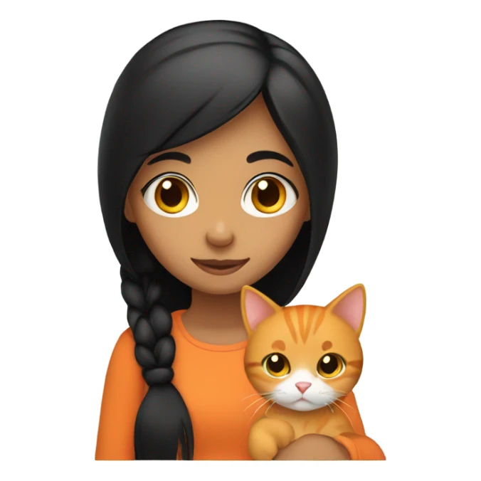 black hair girl with orange cat sticker