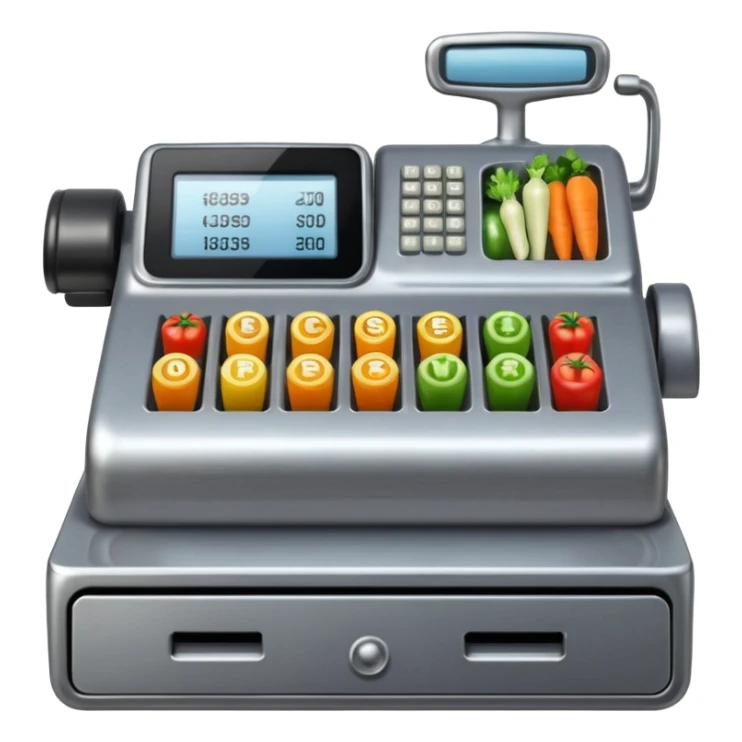cash register from the front with symbols for vegtables sticker