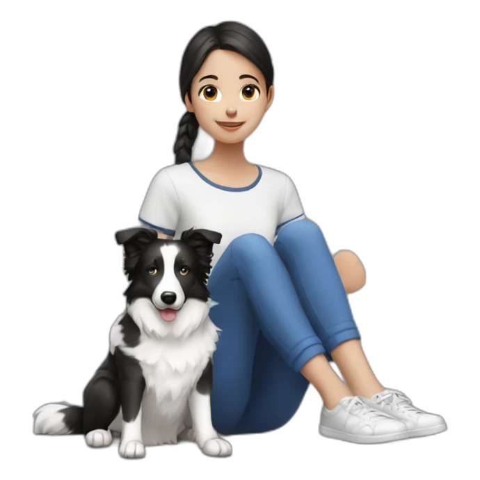 A girl sits with a Blue and white border collie sticker