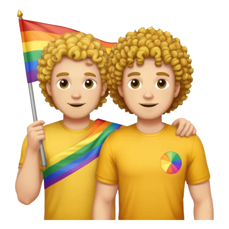 Heavy set white guys with yellow shirt and curly hair holding a pride flag sticker