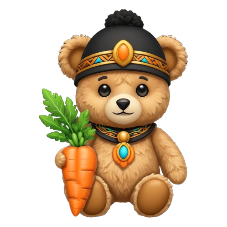 teddy bear, wearing black mayan ancient custome, with carrot sticker