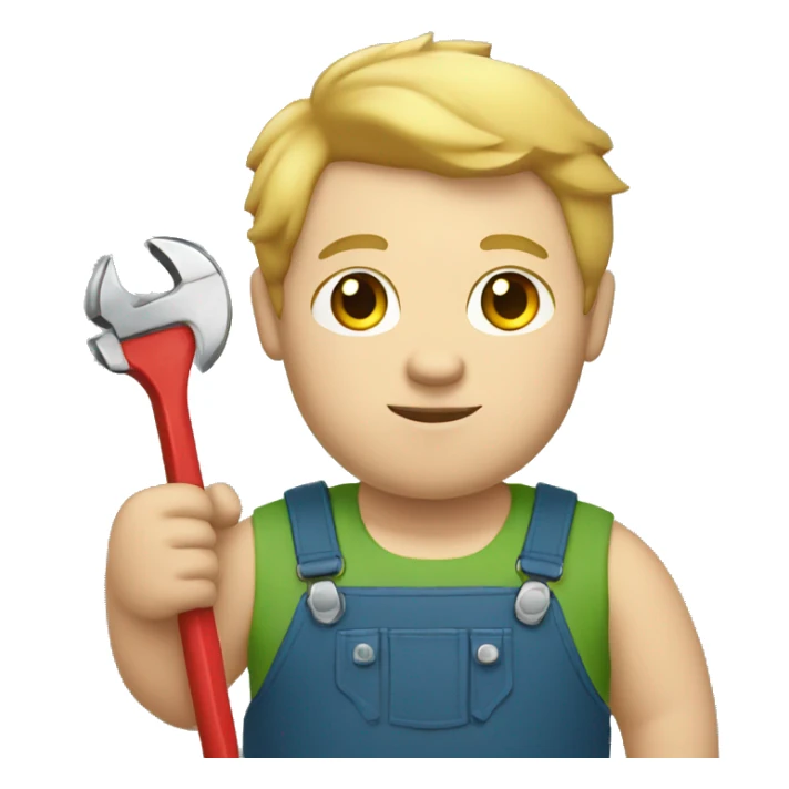 fat boy with light skin, dark eyes, light hair, holding a wrench sticker