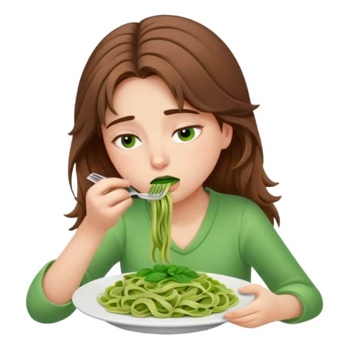 Brown haired girl eating green pasta dead asleep sticker