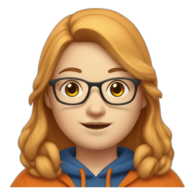 chubby woman with pale skin, with glasses, with long brown hair, wearing a dark orange hoodie, waving sticker