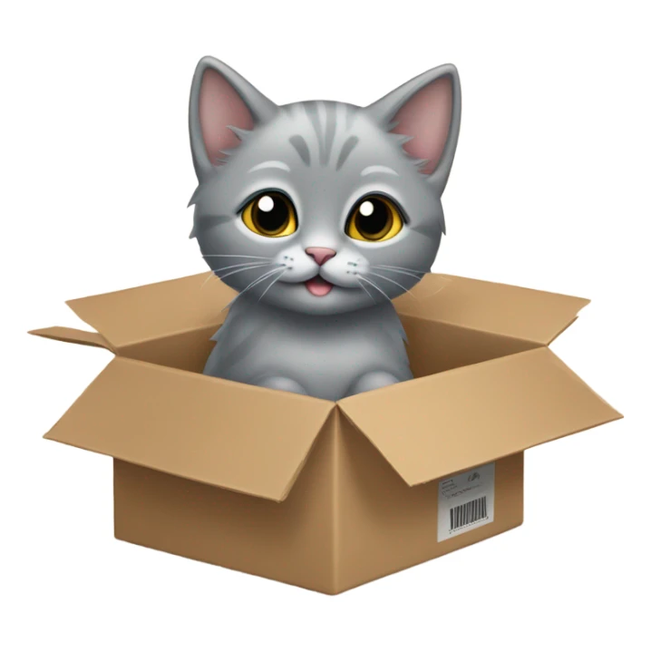The grey kitten is in the cardboard box fo sticker