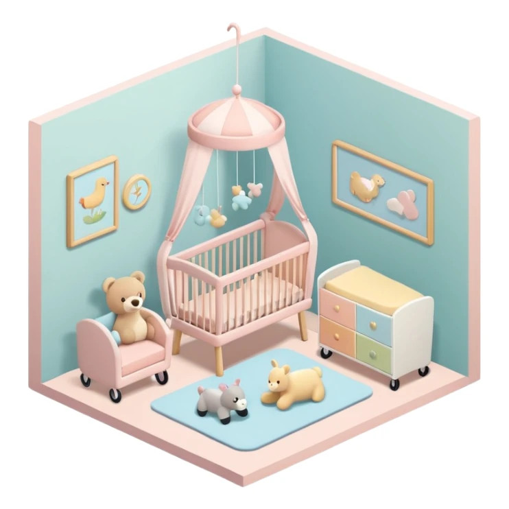 isometric baby room, Nursery with pastel walls and hanging mobile sticker