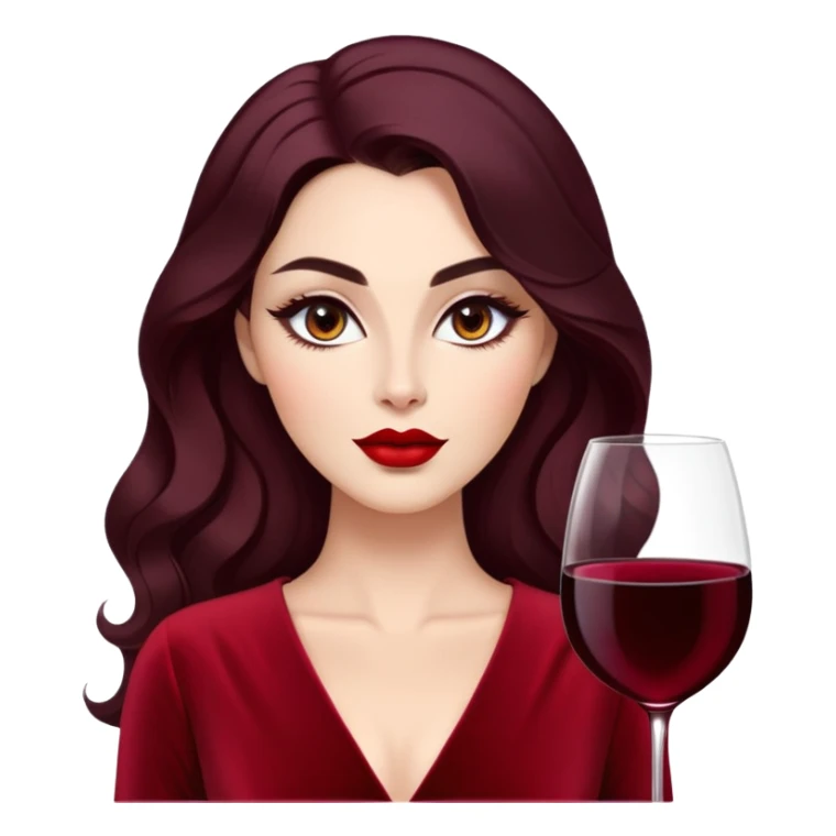 Confident woman with luminous skin, elongated face, defined features, dark almond eyes with dramatic eyeliner, thick eyebrows, straight elegant nose, full bright red lips, voluminous dark hair with soft waves, wine red velvet V-neck dress sticker