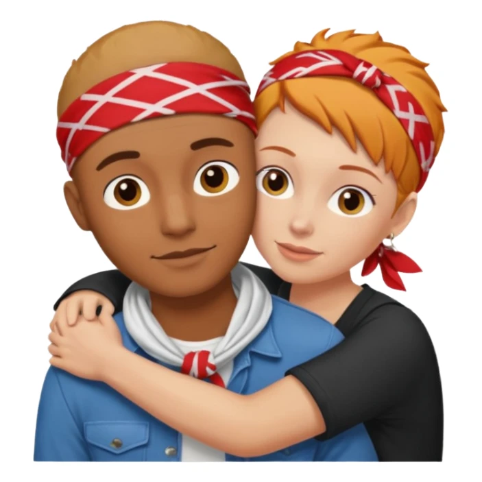 Two people hugging, brown guy with a buzzed cut and bandana, and a white woman with ginger hair sticker