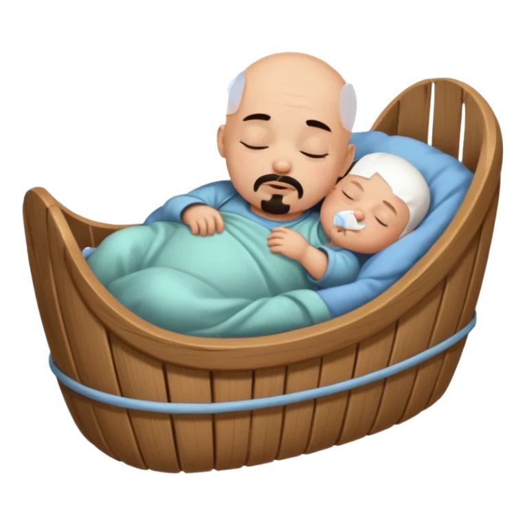 a bald baby with a black goatee sleeping in a cradle sticker