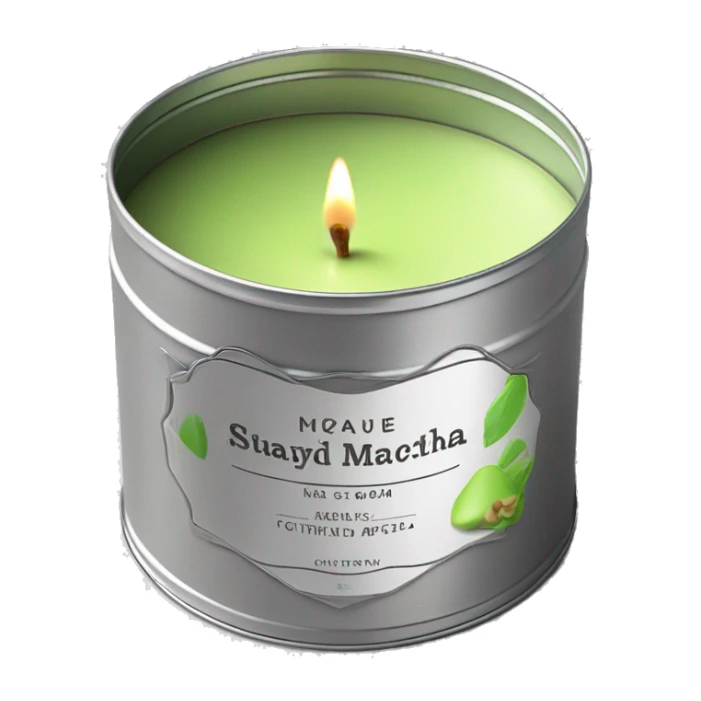 pretty matcha scented candle in silver tin with label realistic sticker