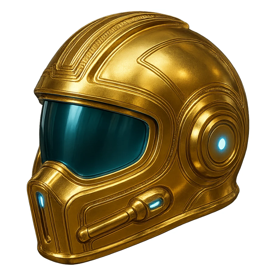 Make the golden pilot helmet more futuristic with sci-fi elements, glowing blue lights, a streamlined shape, and vibrant gold color. No background. sticker