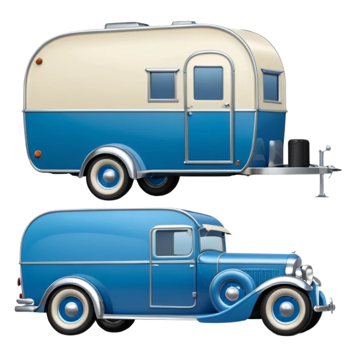 A 1934 hot rod caravan pulling a large matching trailer, blue and pearl  sticker