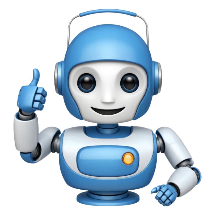 A blue and white robot smiling and winking with one eye, making a thumbs-up sign with one hand. sticker