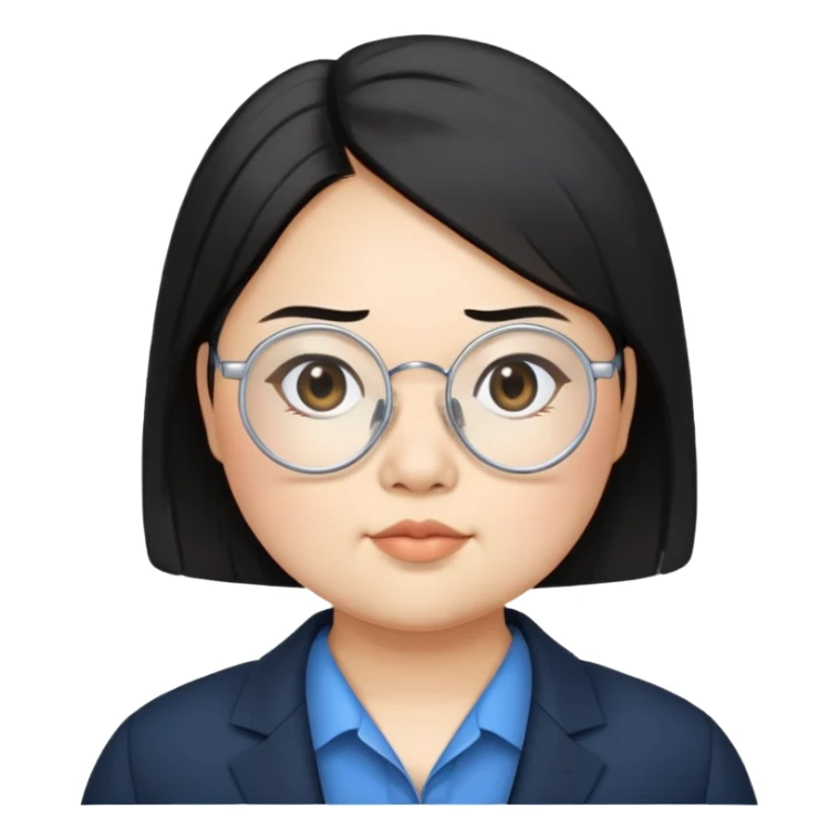 chubby asian waman wear thin siver circle glasses round eyebrow medium black hair wear black suit inside blue shirt  sticker