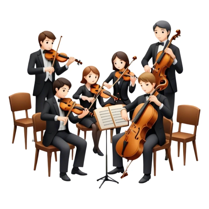 Icon for Classical Music: chamber orchestra with 4-5 musicians playing string instruments (violins, violas, cellos) and a conductor leading the ensemble. The intimate, refined atmosphere. Transparent background. sticker