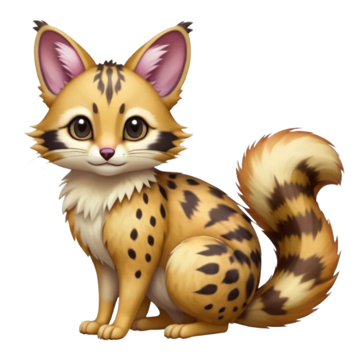 Colorful-Gradients-colored cute realistic fur with random dark markings beautiful elegant pretty precious cute  Fakémon-Pokémon-opossum-feline-serval-caracal-chinchilla-Furret-Minccino-hybrid-creature with a big fluffy bushy tail (full body) sticker