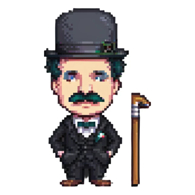 angry Charlie Chaplin, pixel art, small details, bowler hat, mustache, cane sticker