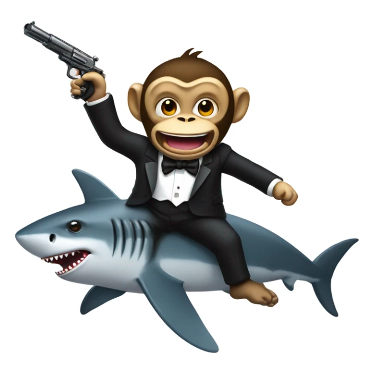 monkey riding a shark holding a gun wearing a tuxedo sticker