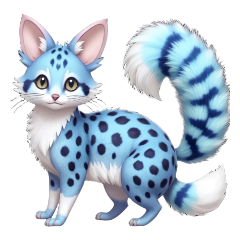 realistic  deep-ocean indigo fur seeded with bioluminescent plankton speckles beautiful elegant pretty precious cute  Fakémon-Pokémon-opossum-feline-serval-caracal-chinchilla-Furret-Minccino-hybrid-creature with a big fluffy bushy tail (full body) sticker