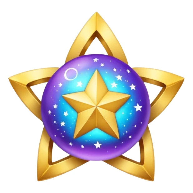 Uma esfera translúcida com reflexos roxos e azuis envolve uma estrela dourada brilhante no centro, criando um visual etéreo e futurista sticker