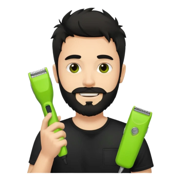 smiling young fair-skinned man with messy black hair and beard, wearing a black t-shirt, holding a single small true-to-size lime green face beard trimmer in one hand sticker