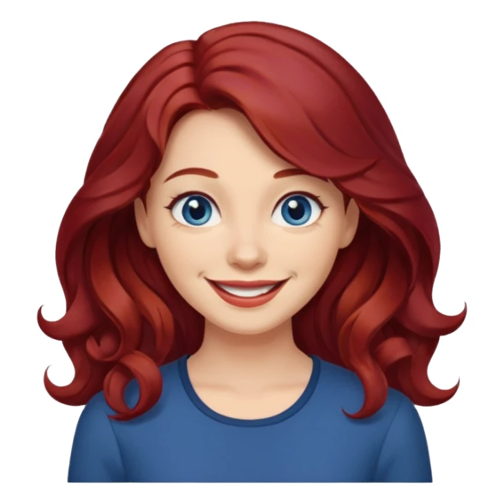Create a custom emoji-style character inspired by a smiling woman with medium length, wavy dark red hair, light skin tone, and dark blue eyes. Emphasize a mischievous expression with a bright smile. sticker