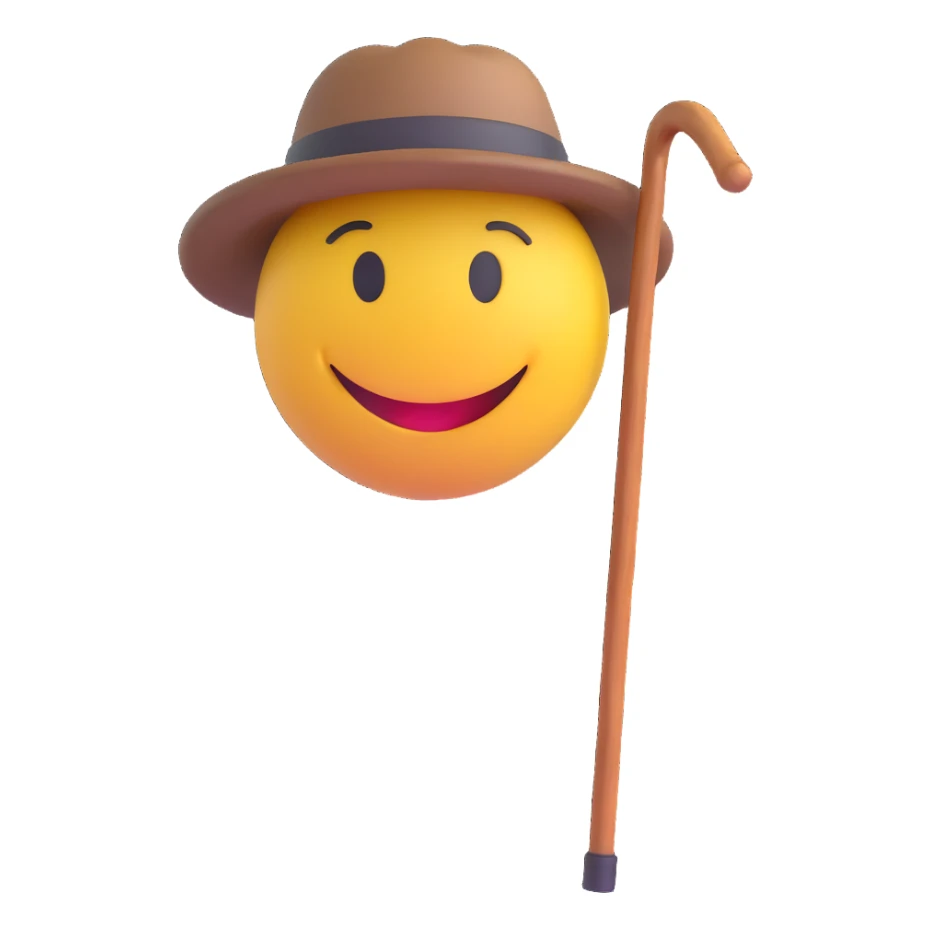 3D smiley emoji, round shape, grandfather wearing a hat and holding a walking cane, brown color, smiling face sticker