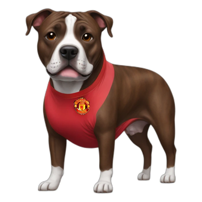 Brindle Staffie wearing Manchester United shirt sticker