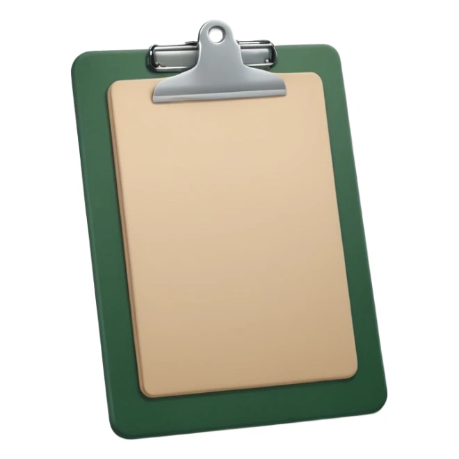 dark green clipboard with light beige paper sheet, minimalism, no text, Apple emoji style sticker