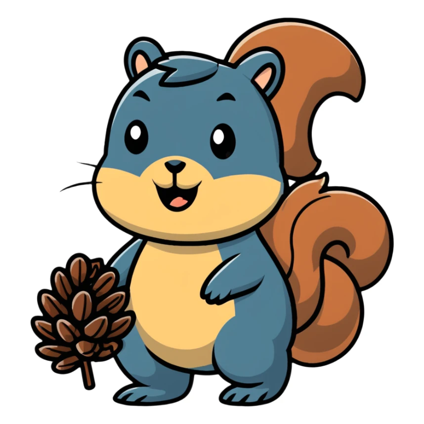 Greedy little squirrel with a large pine cone balanced on top of its head, with an unsettling strange expression, looking hungry sticker