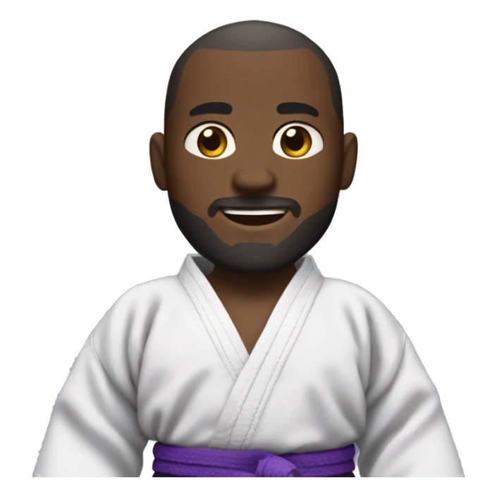 dark-skinned man with a thin beard and short hair, dressed in a jiu-jitsu kimono and a purple belt sticker
