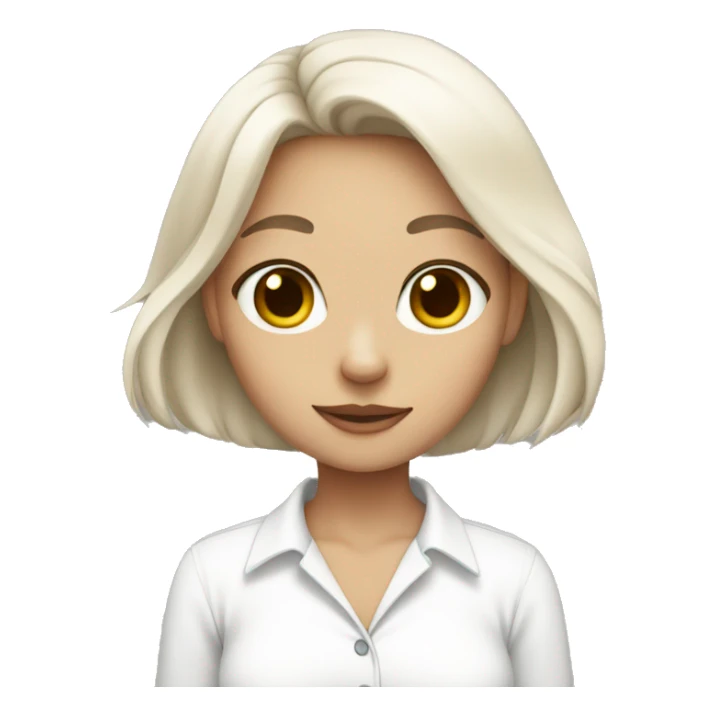 bob hair girl wearing white shirt holding a white cat sticker