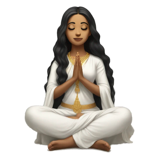 Light skin ;Black long hair wearing white saree praying infront a white temple sticker