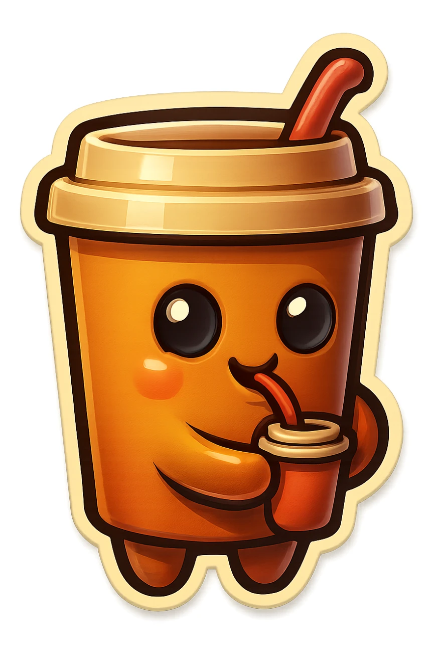 Tall coffee cup, amused, drinking coffee with straw, looking sideways sticker