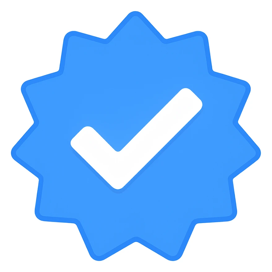 Create a simple and recognizable emoji of a blue badge with a white checkmark. The emoji should have a transparent background and be clear and distinct in emoji style. sticker
