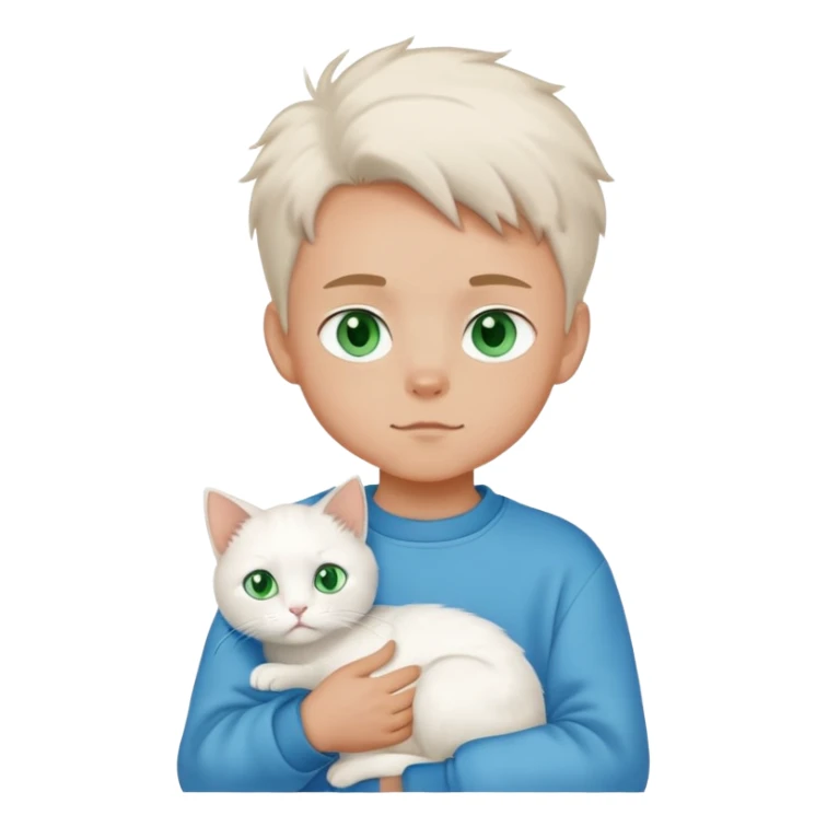 A boy in a sweatshirt holding a white cat sticker