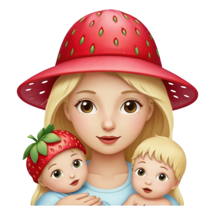 Blond girl with baby wearing strawberry hat sticker