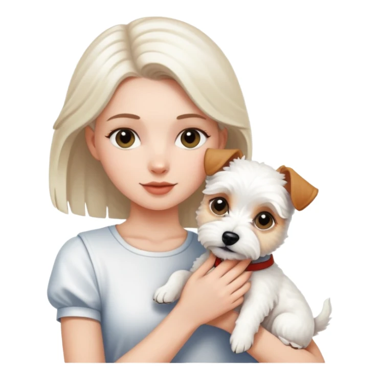 A white girl holding a white terrier sticker