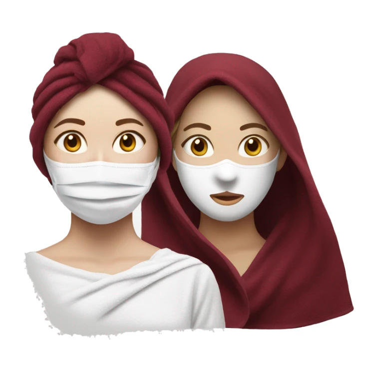 realistic white-skinned girl with a burgundy towel on her head and a white mask on her face sticker