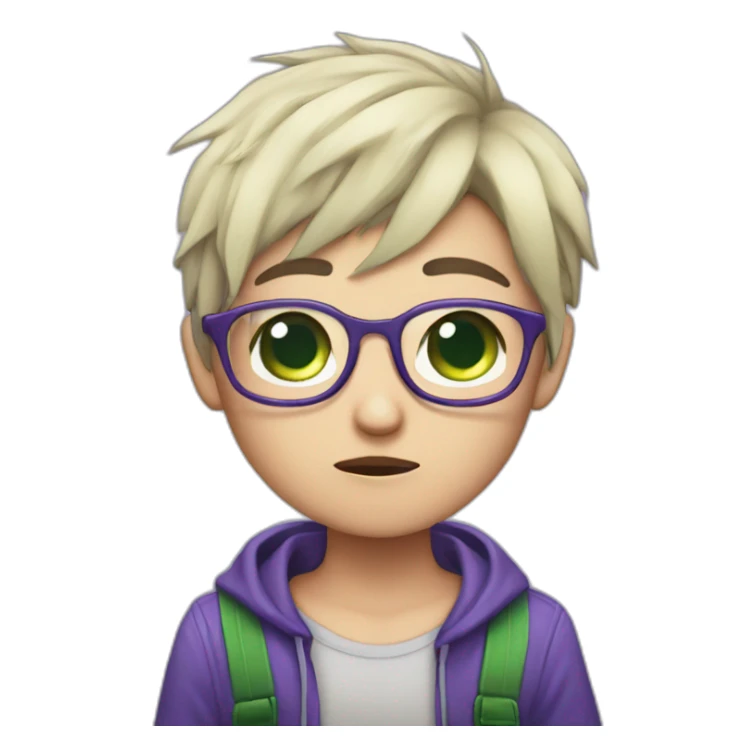 chibi, short blue and purple hair, green eyes, glasses crying sticker