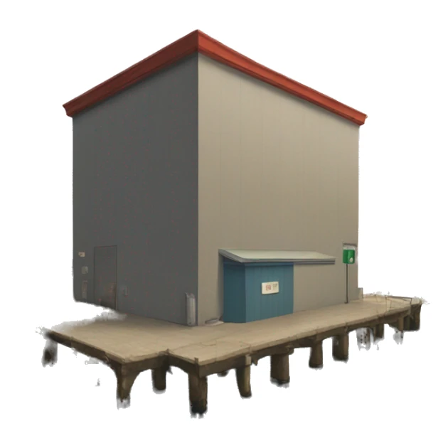 commercial dock with no boats next to a building sticker