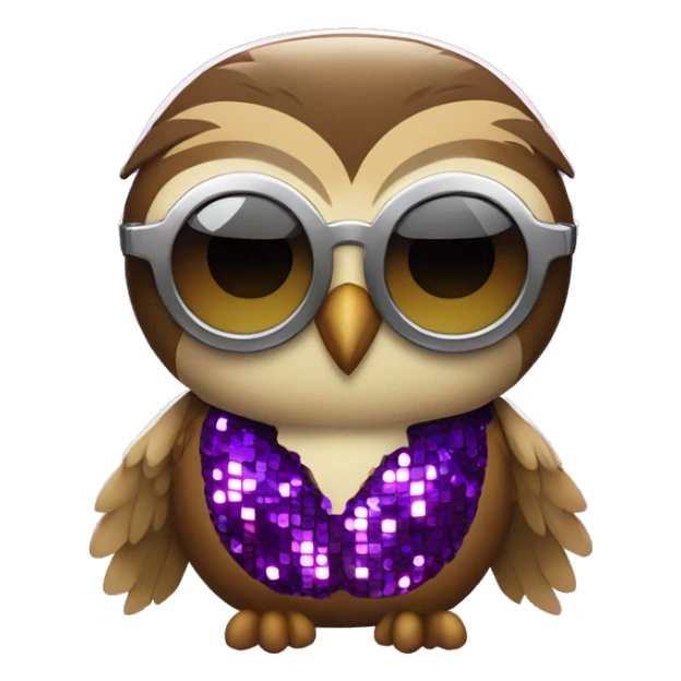 a rowlet brown owl emoji with sunglasses and a purple sequence disco outfit on sticker