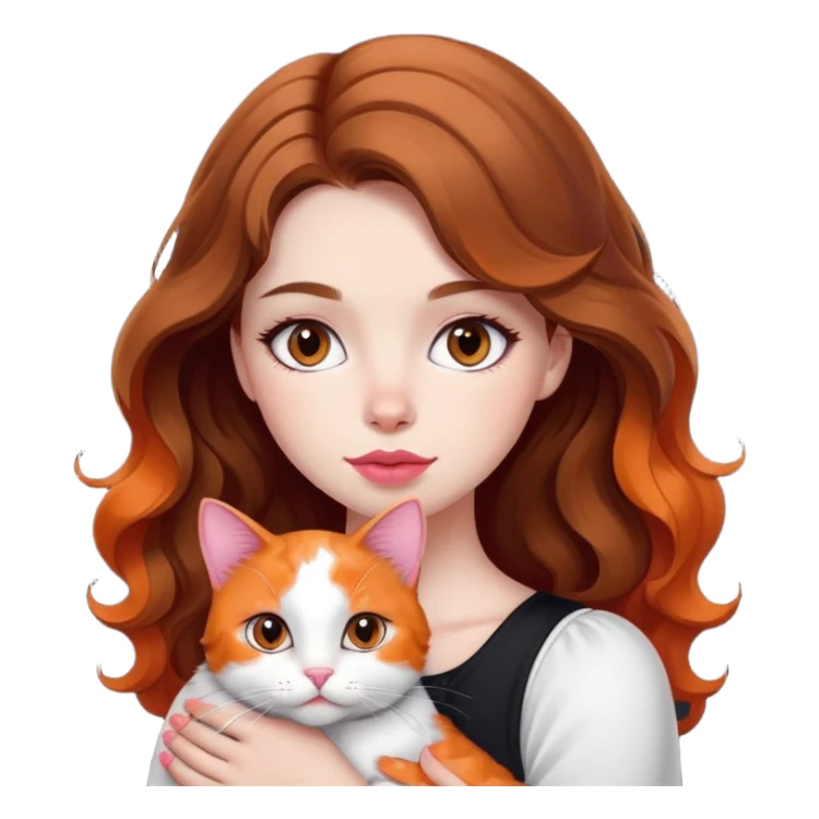 A girl with wavy brown hair and white has medium round eyes and medium pink lips that embrace her calico in orange, black and white color sticker